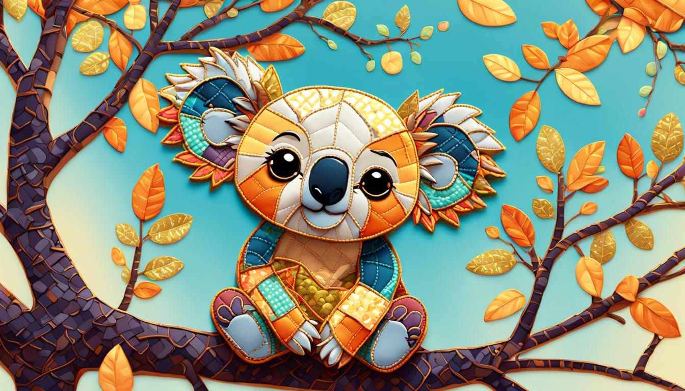 Patchwork Koala on Branch in Digital Art Style