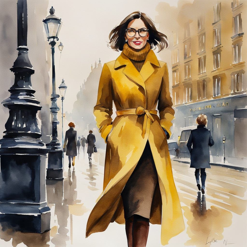 Impressionistic Watercolor of Woman Walking in Fog