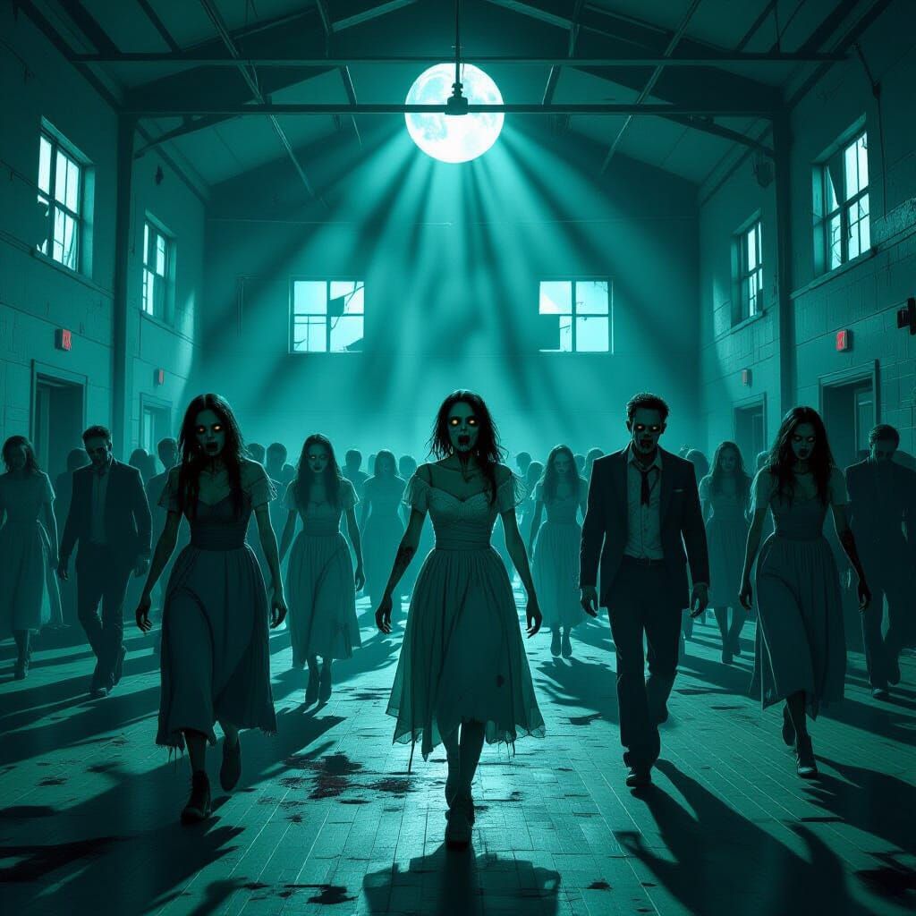Zombie Prom Night Horror in Dimly Lit Gymnasium