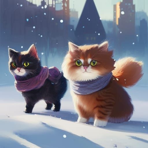 Adorable Fluffy Cats in Snow: Digital Art