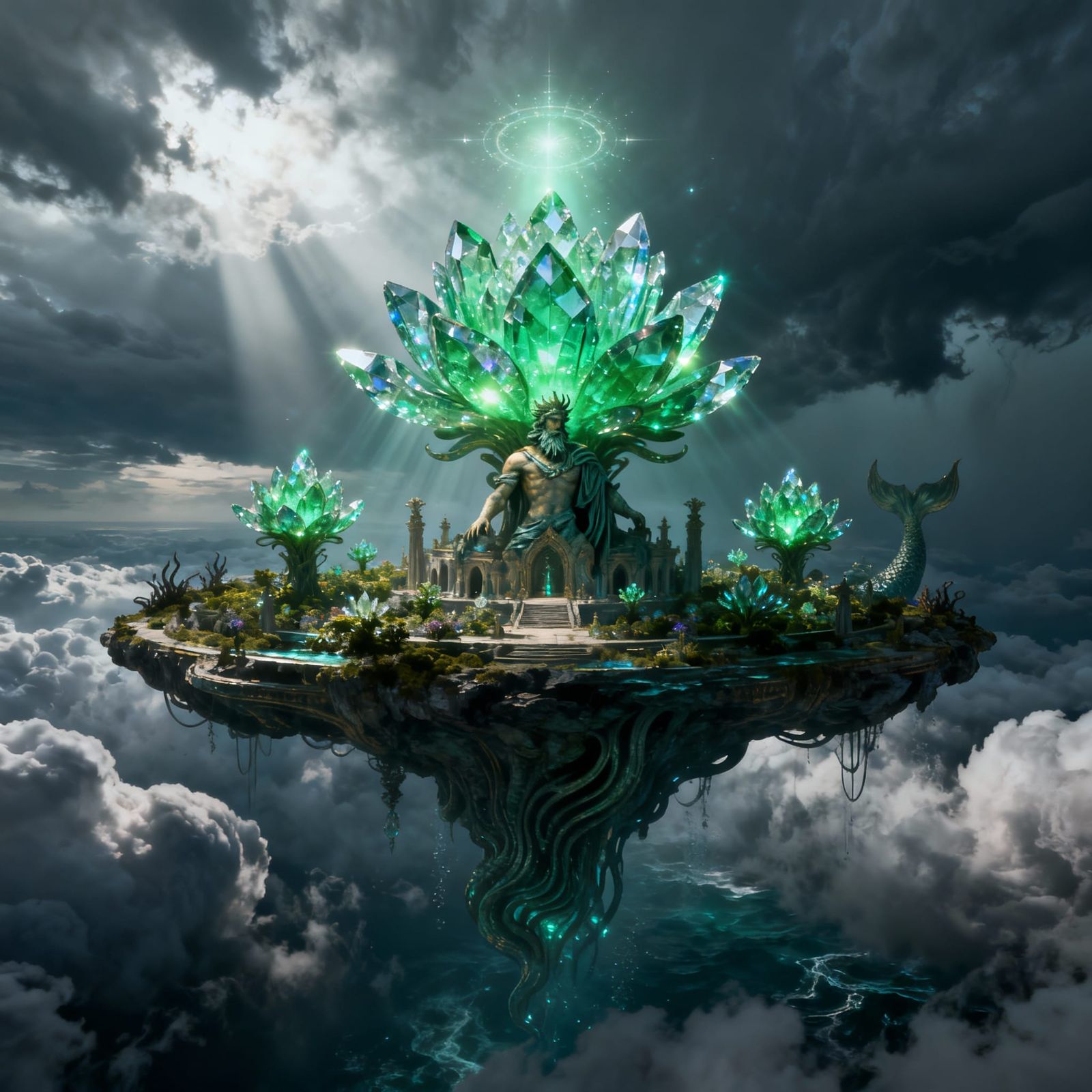 Poseidon's Crystal Sanctuary Above Stormy Clouds