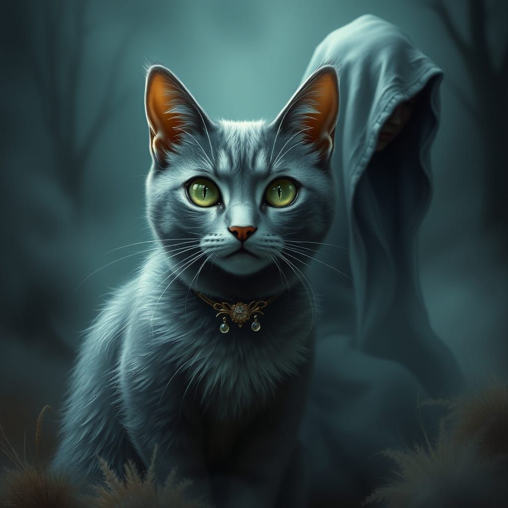 Ethereal Cat in Dreamlike Landscape, Mystical Realism