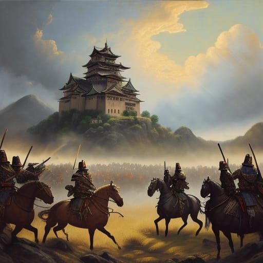 Samurai Battle in Renaissance Masterpiece Style