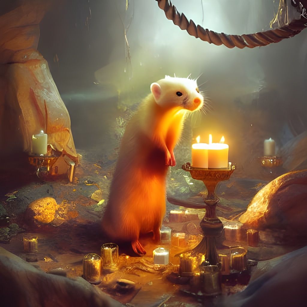Golden Ferret Lights Candles in Fantasy Cave