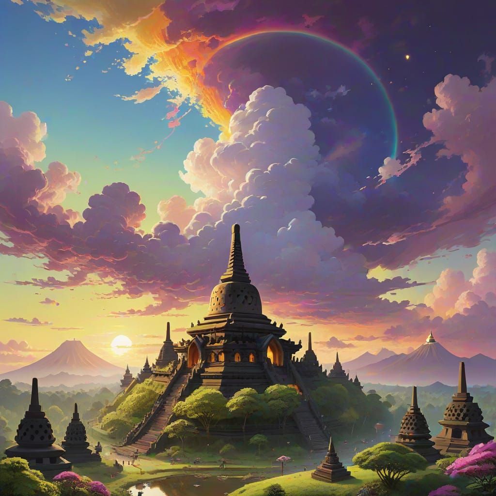 Golden Borobudur Temple in Indonesia Under a Vibrant Purple...