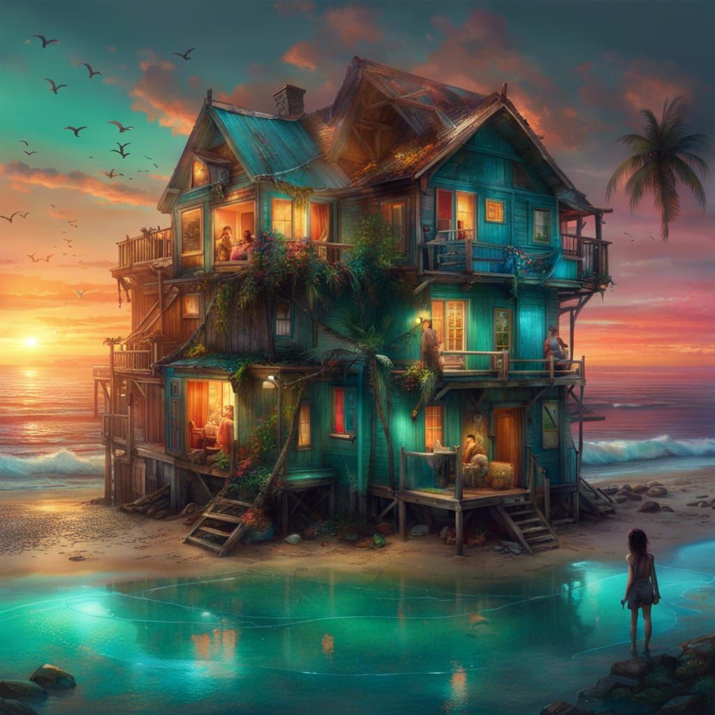 Colorful Beach Houses at Sunset, Digital Art