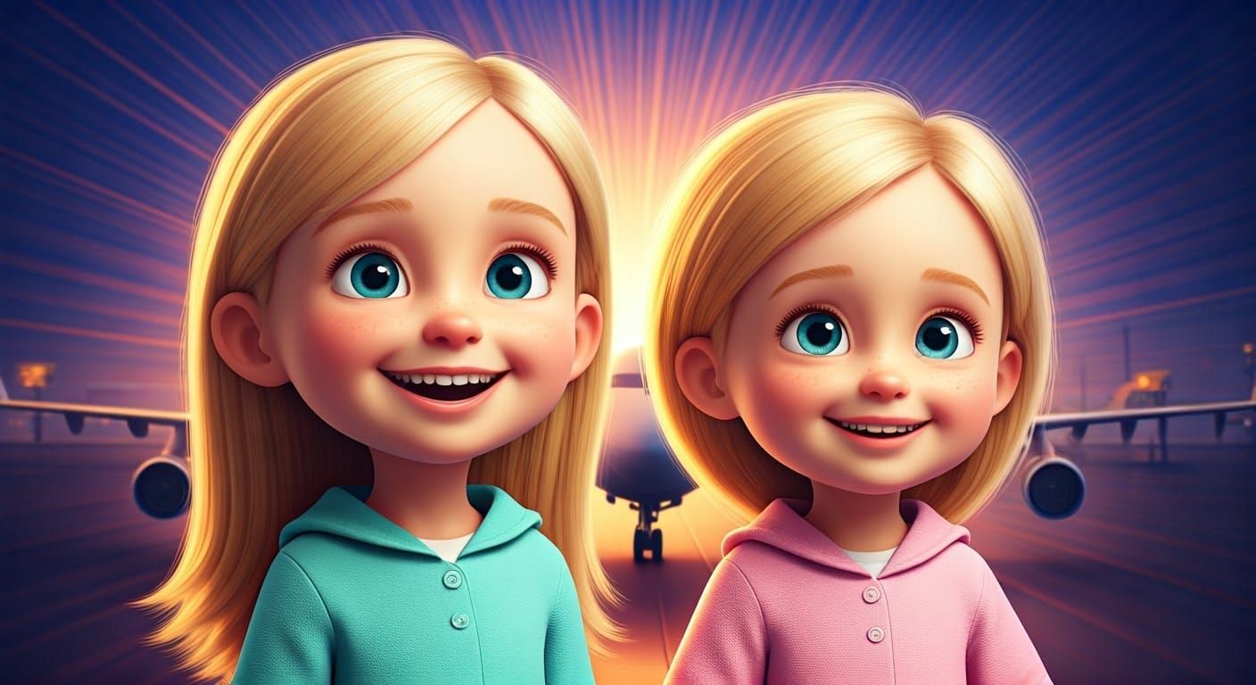 Two Smiling Girls at Airport in Pixar Style