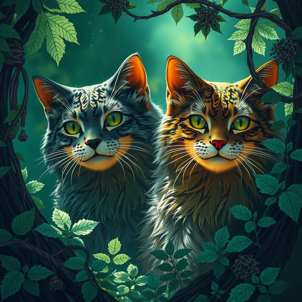 Mystical Forest Cats Portrait in Digital Art Style