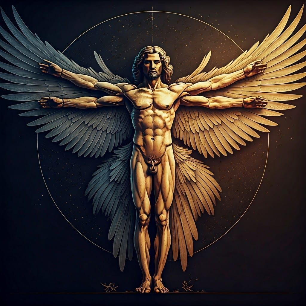 Vitruvian Man with Bird Wings in Hyper-Realistic Blueprint S...