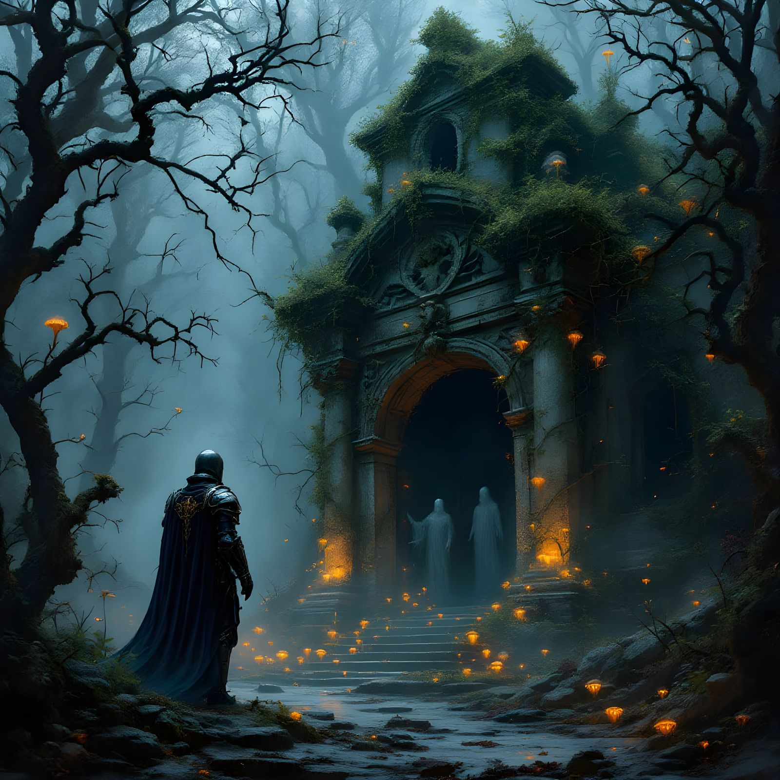 Gothic Knight Guards Crumbling Mausoleum in Eerie Fungal Glo...