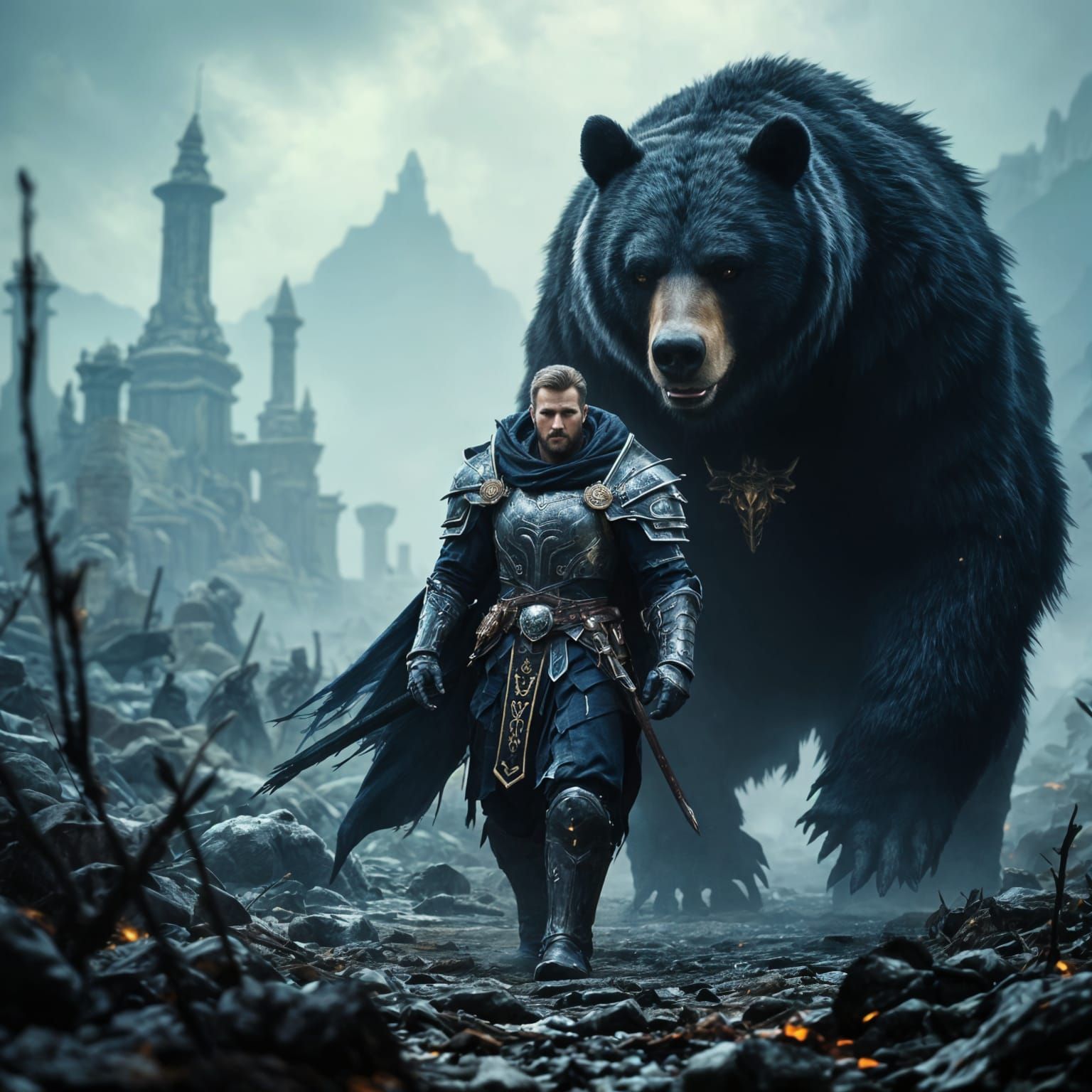 Fantastical Warrior and Armored Bear in Epic Battlefield Sce...