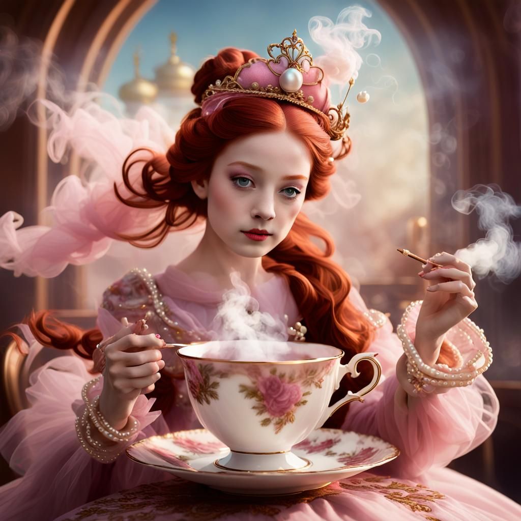 Ballerina Emerges from Teacup, Pre-Raphaelite Style