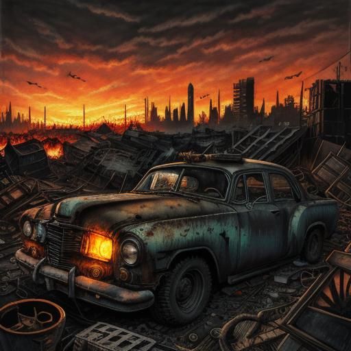 Batman in Post-Apocalyptic Junkyard Charcoal Drawing