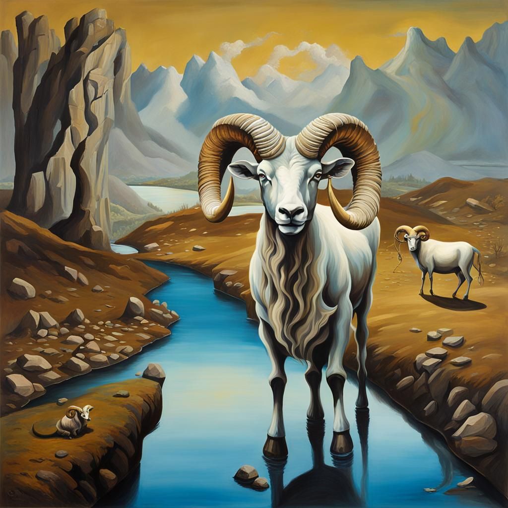 Surreal Ram with Two Horns: Dali-esque Painting