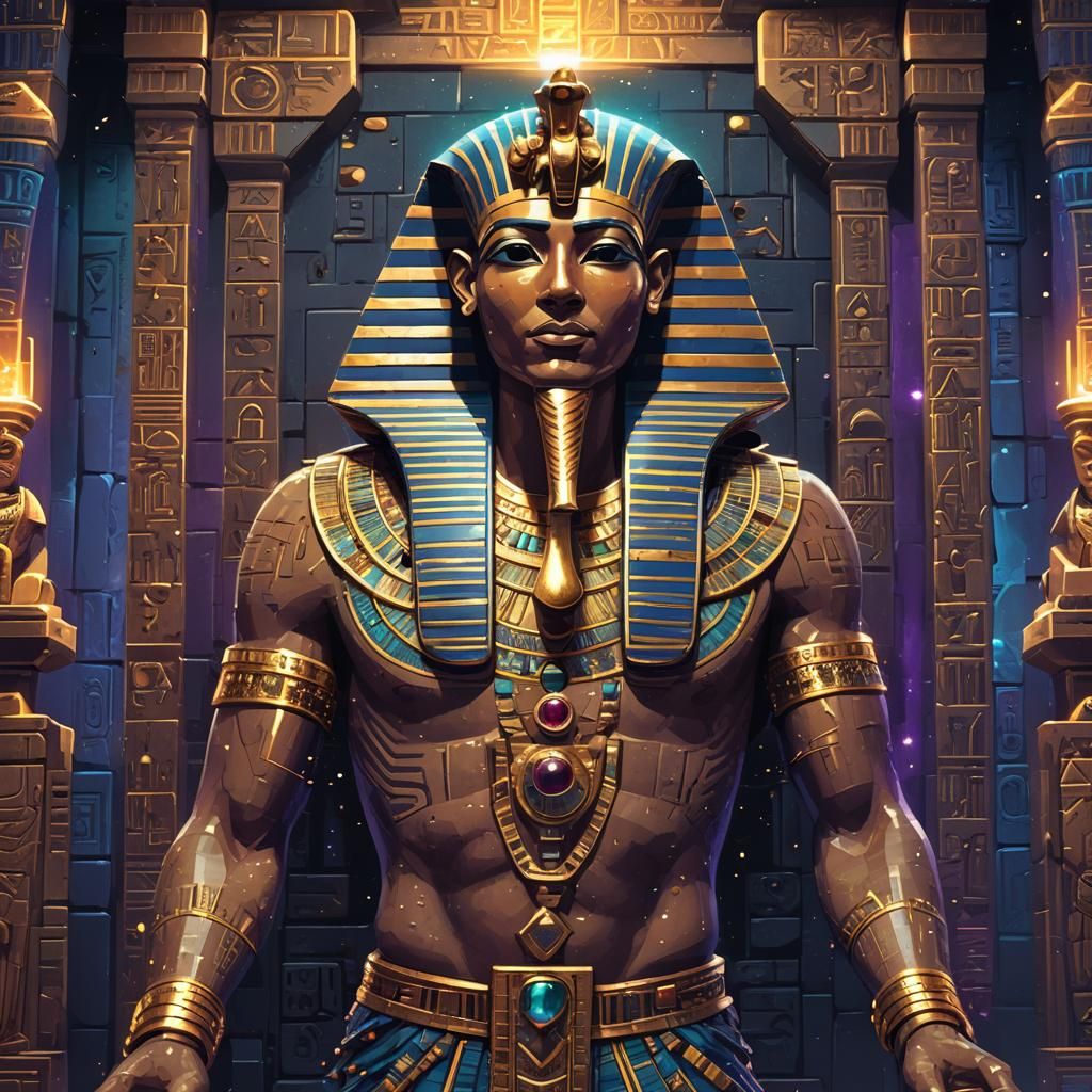 Pixel Art Pharaoh in Jewel-Adorned Temple