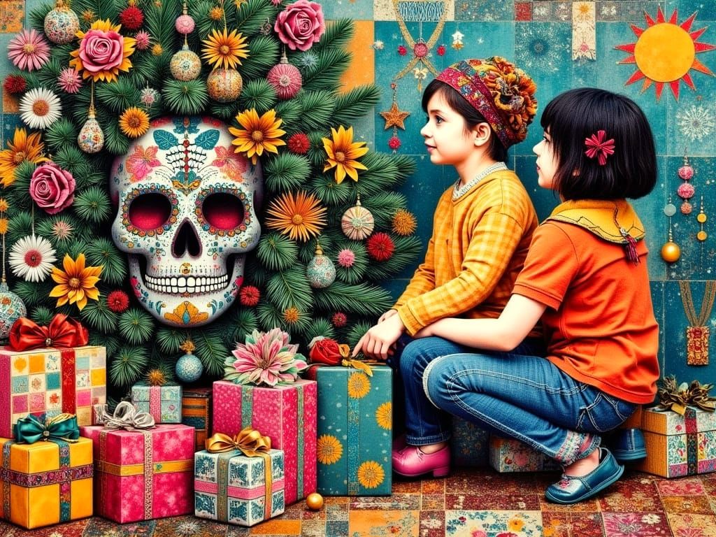 Mixed Media Christmas Collage of Kids and Tree