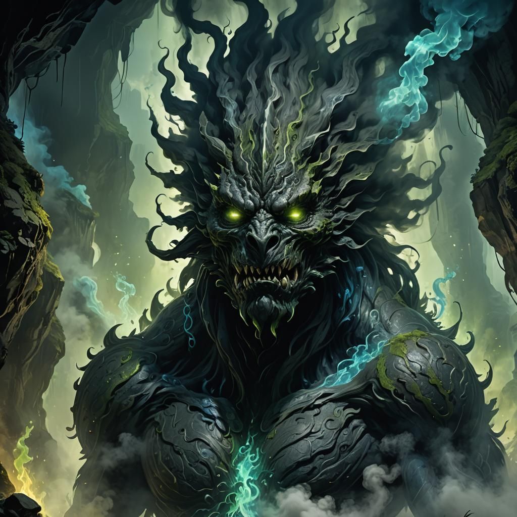 Mystical Black Smoke Monster in Dimly Lit Cave