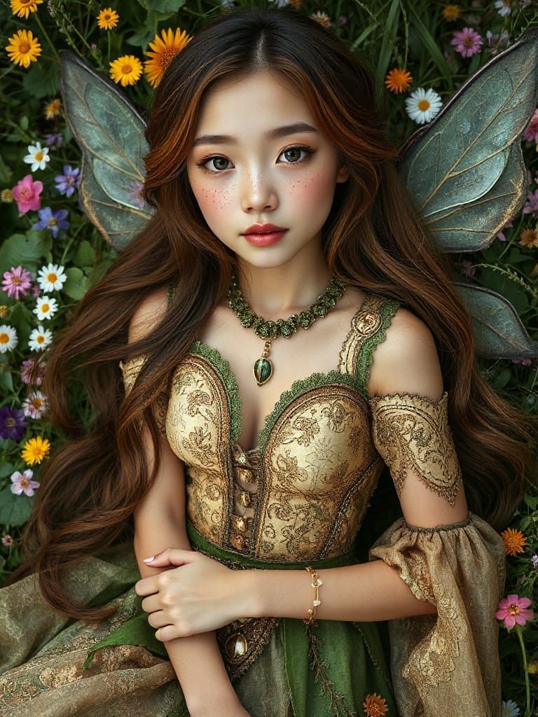 Asian Wood Fairy in Flower Meadow - Realistic Portrait
