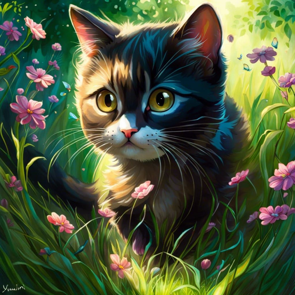 Whimsical Kitten Playing in Sunny Yard