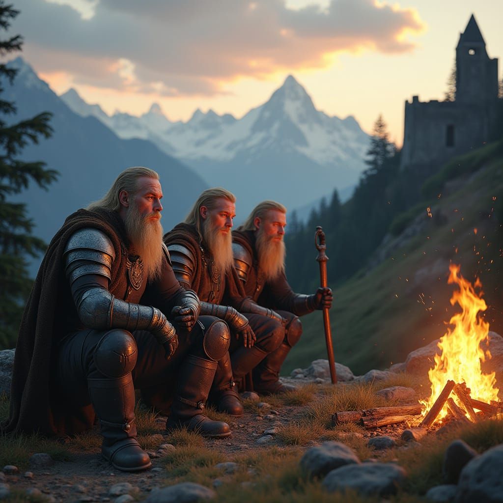 Three Blond Dwarves with War Axes in Mountain Landscape