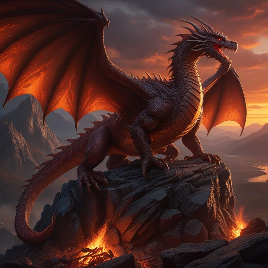 Fearsome Dragon Over Burning Village