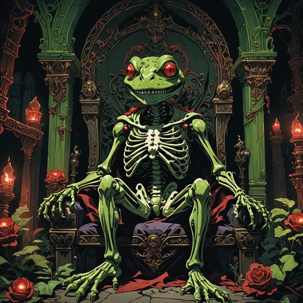Manga-Style Skeleton Frog Lich on Throne