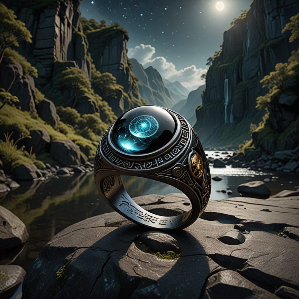 A dark steel signet ring featuring...