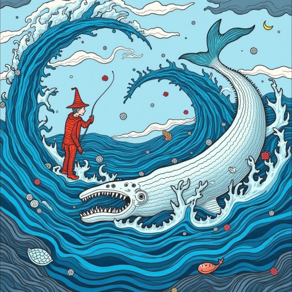 Fisherman Hooks Giant Fish in Whirlpool