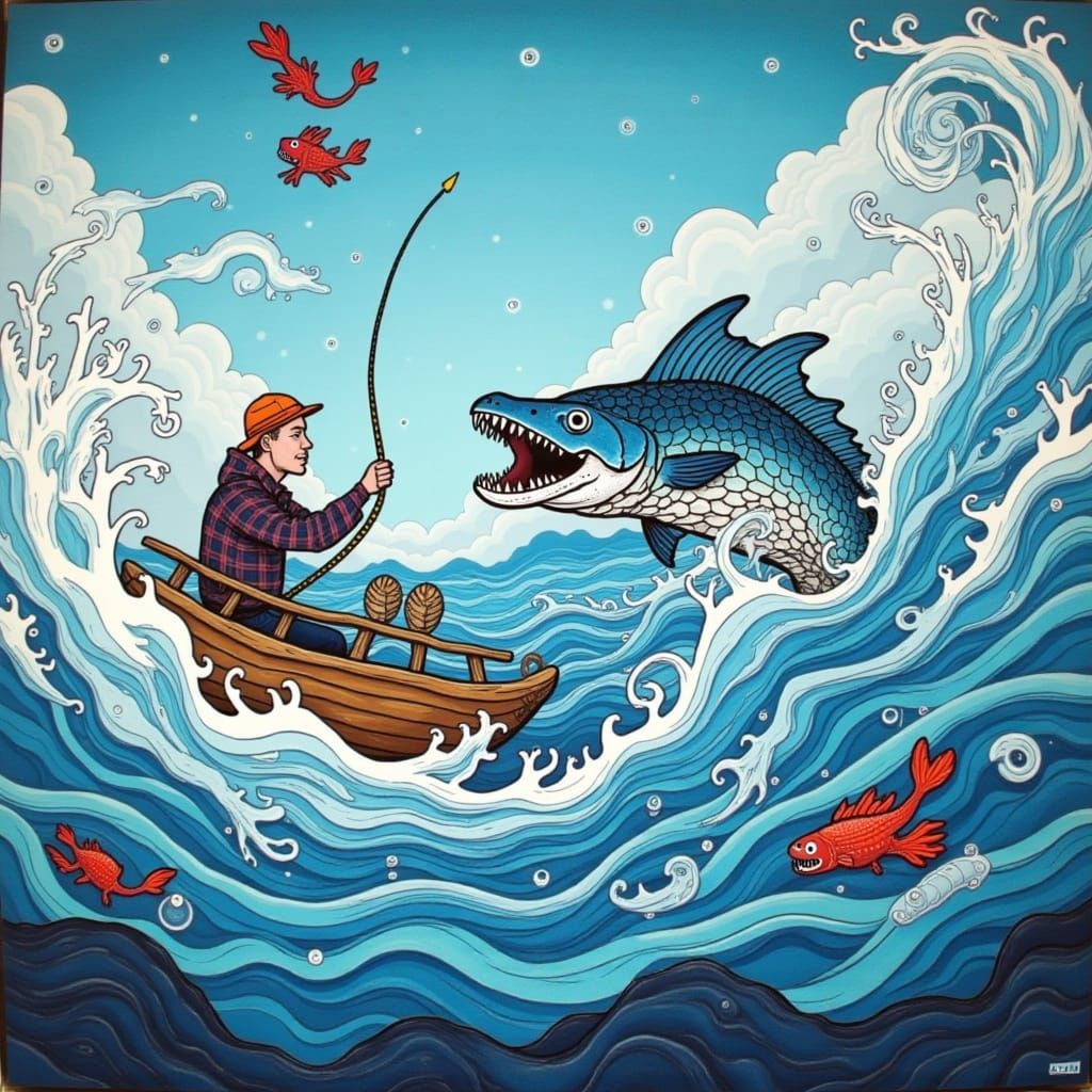 Fisherman Hooks Giant Fish in Whirlpool