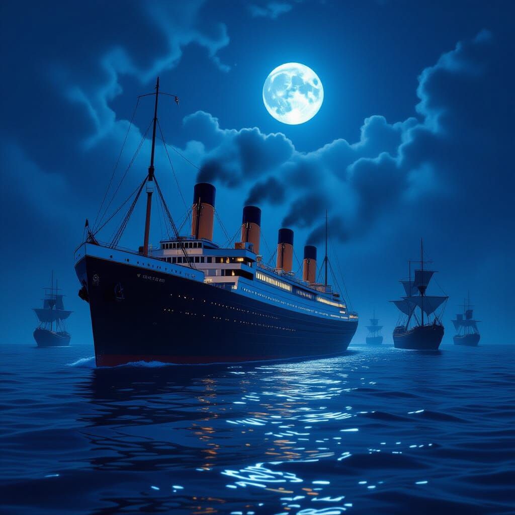 Titanic Sinking Under Full Moon with Ghost Ships