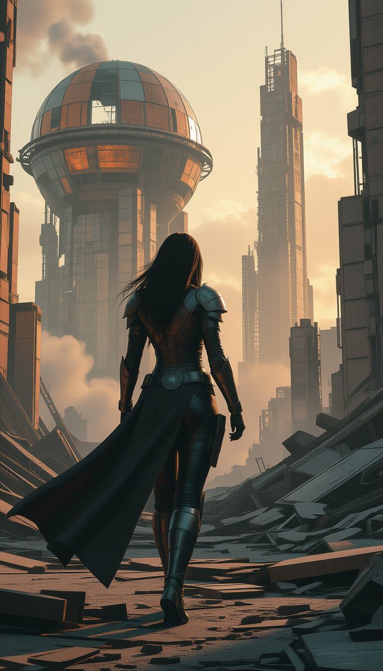 Druuna in Rusted Megacity Ruins, Dark Cinematic Sci-Fi