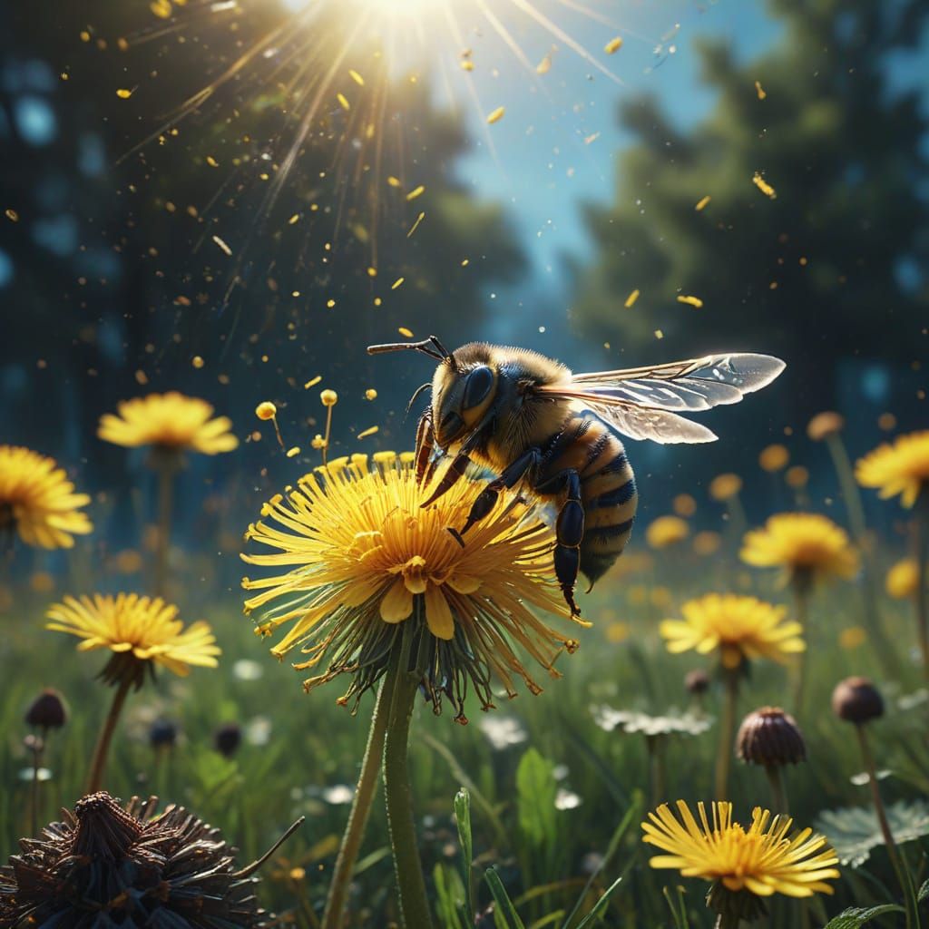 Bee Collecting Pollen in a Dazzling Dandelion Meadow