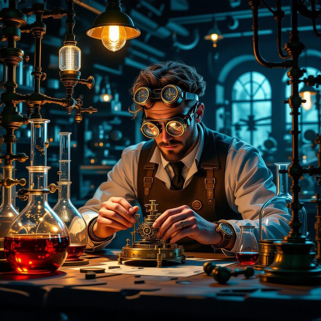 Steampunk Scientist Assembling Clockwork Bacon Automaton