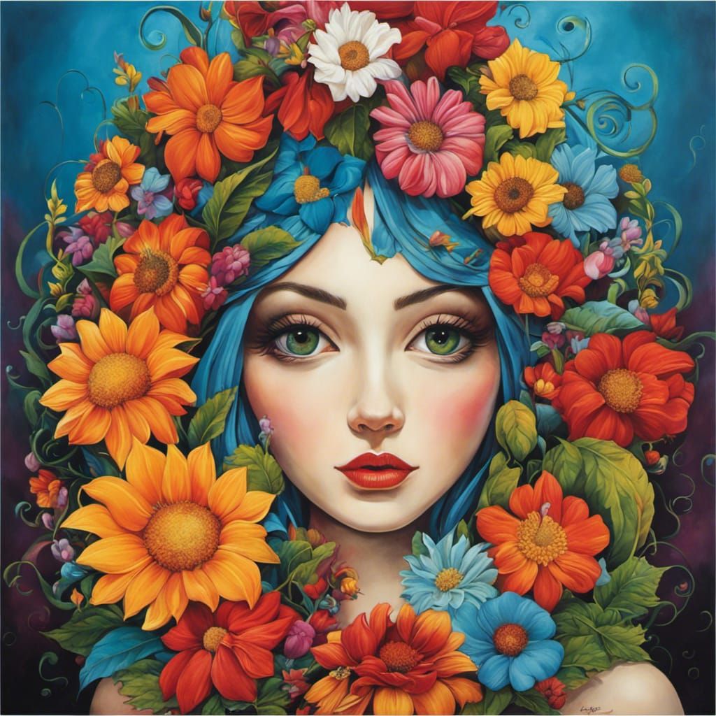 Woman with Flower Head in Art Brut Style