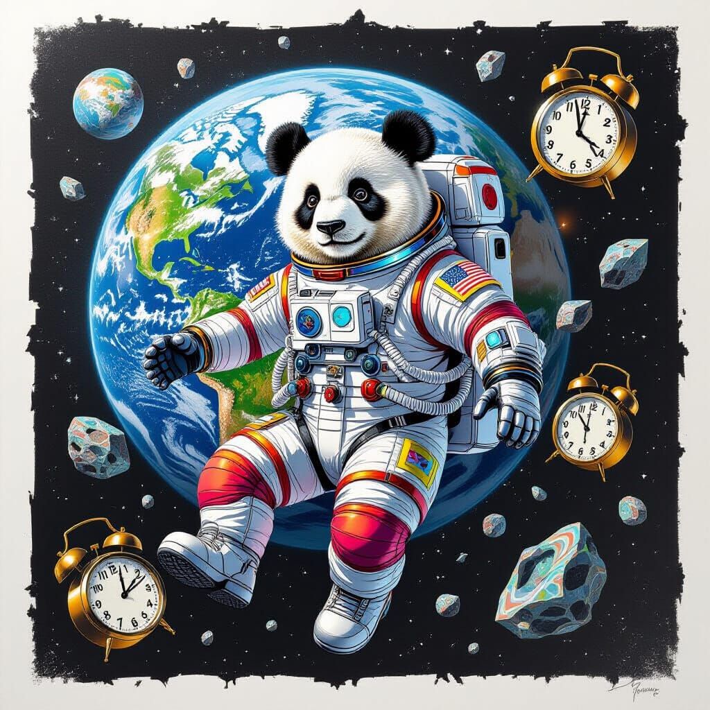 Panda Astronaut in Space: Surreal Charcoal Drawing