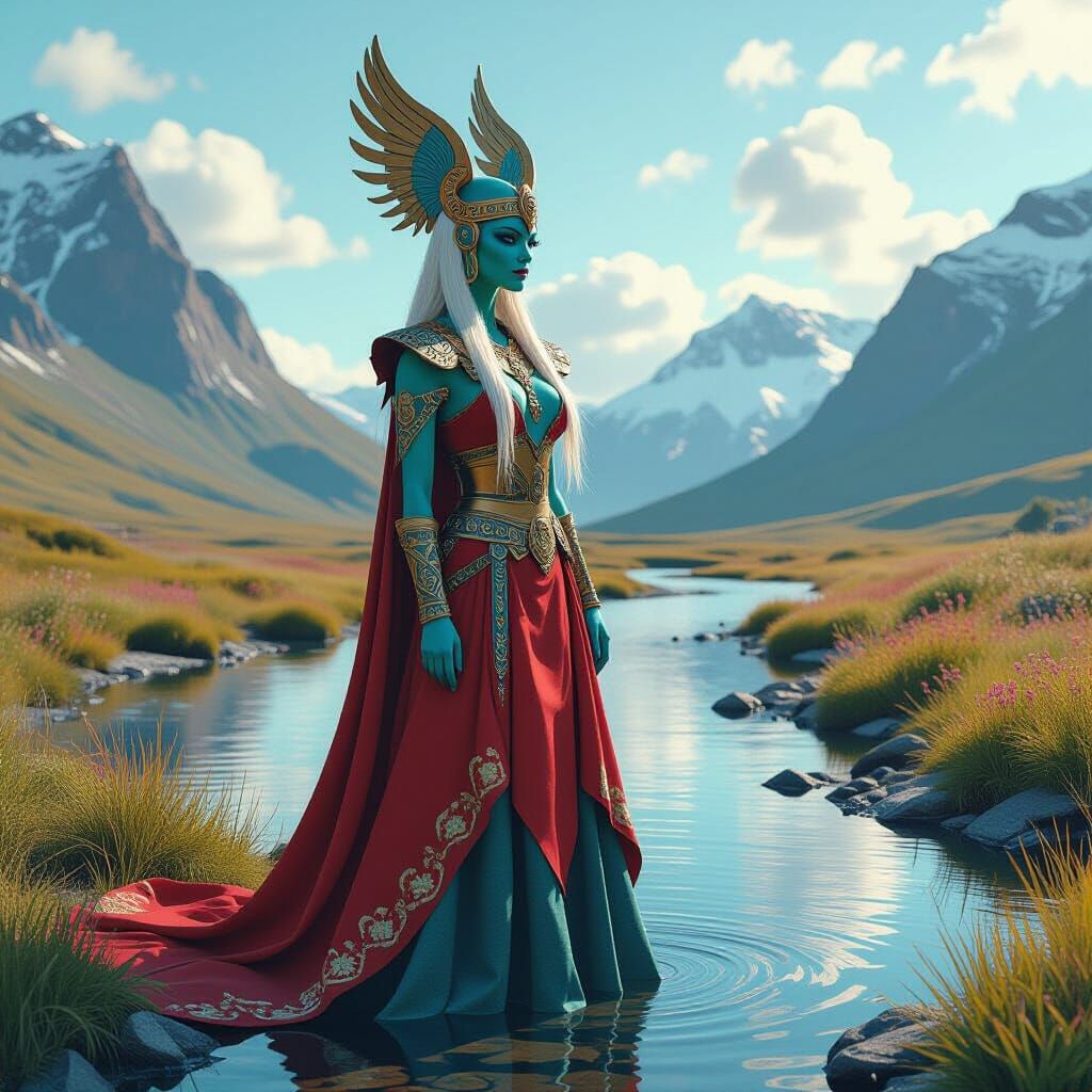 Alien Viking Goddess in Scandinavian Landscape as Digital Ar...