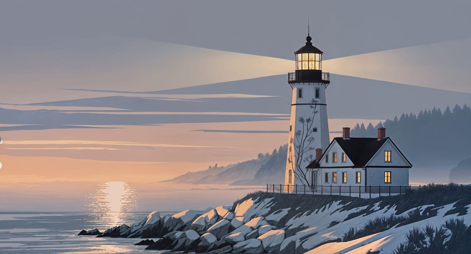 Jugendstil Lighthouse at Sunset, Art Nouveau Illustration