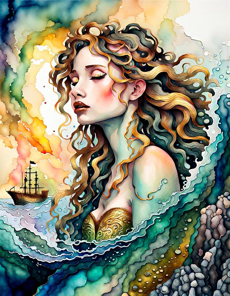 Mythological Siren Singing at Sunset: Watercolor Painting