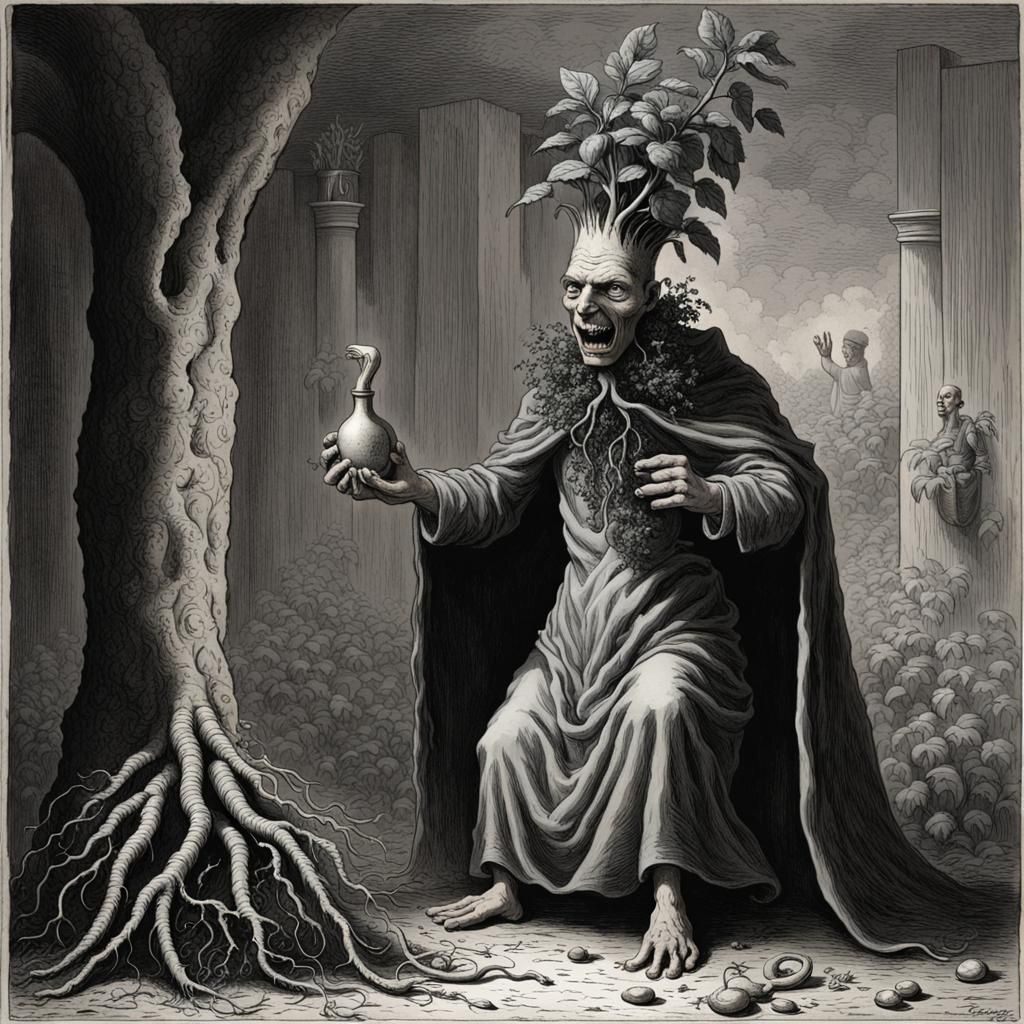 Horror Mandrake Plant with Potion Bottles