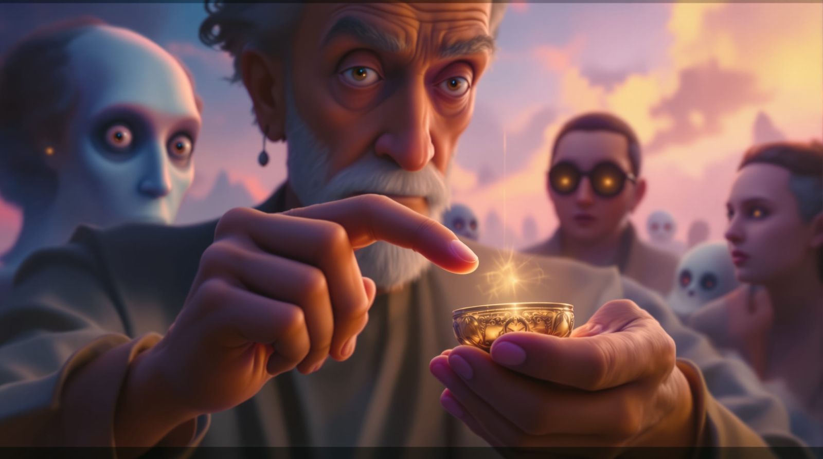 Surreal Fatherly Figure Interacts with Brass Bowl