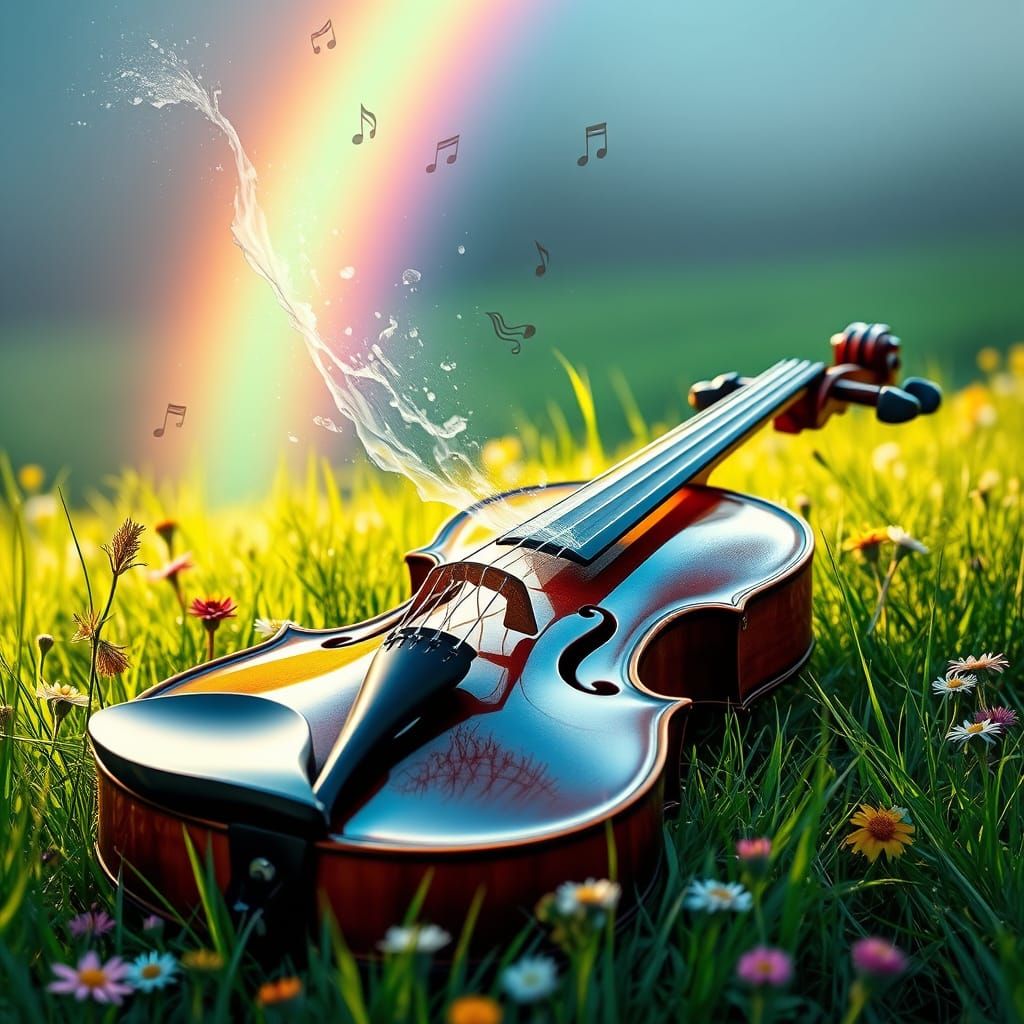 Hyper-Realistic Varnished Violin in a Lush Spring Meadow