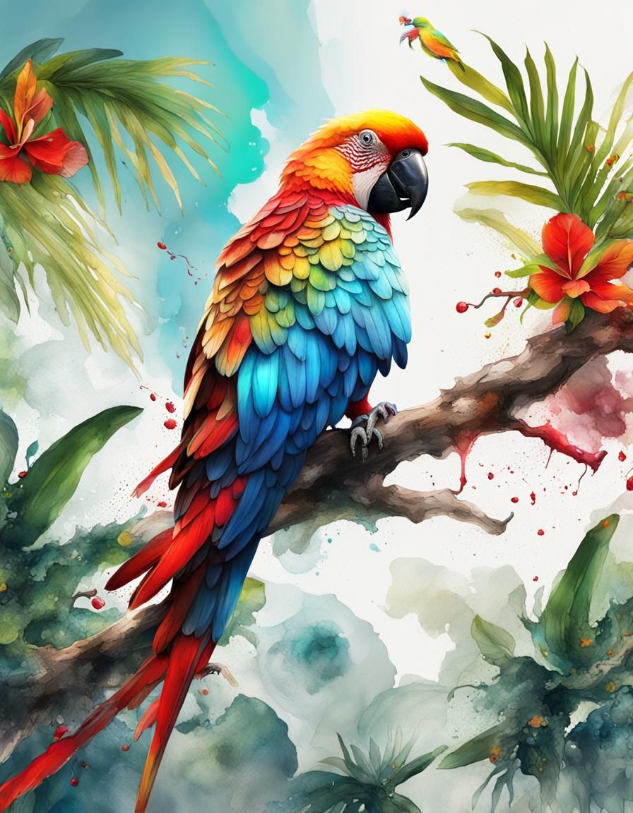 Painterly Parrot with Tropical Splash on White