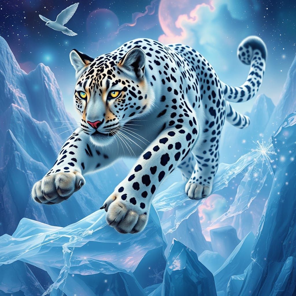 Aurora Snow Leopard Leaping Through Ice Crystals
