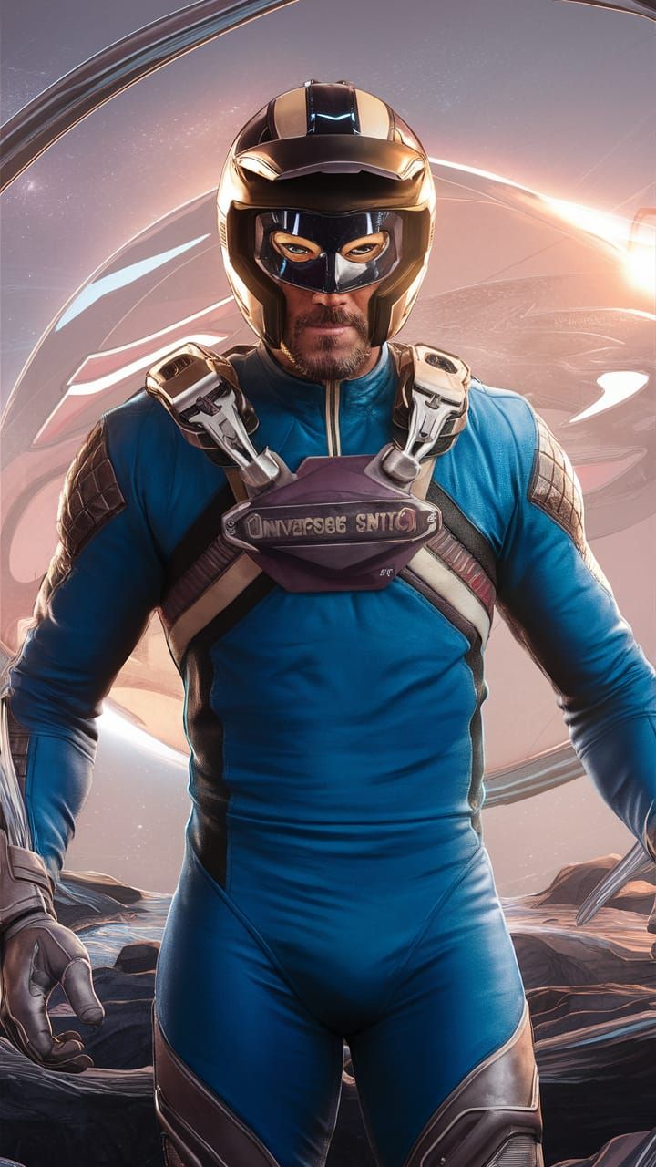 Cosmic Superhero in High-Tech Battlesuit Illustration