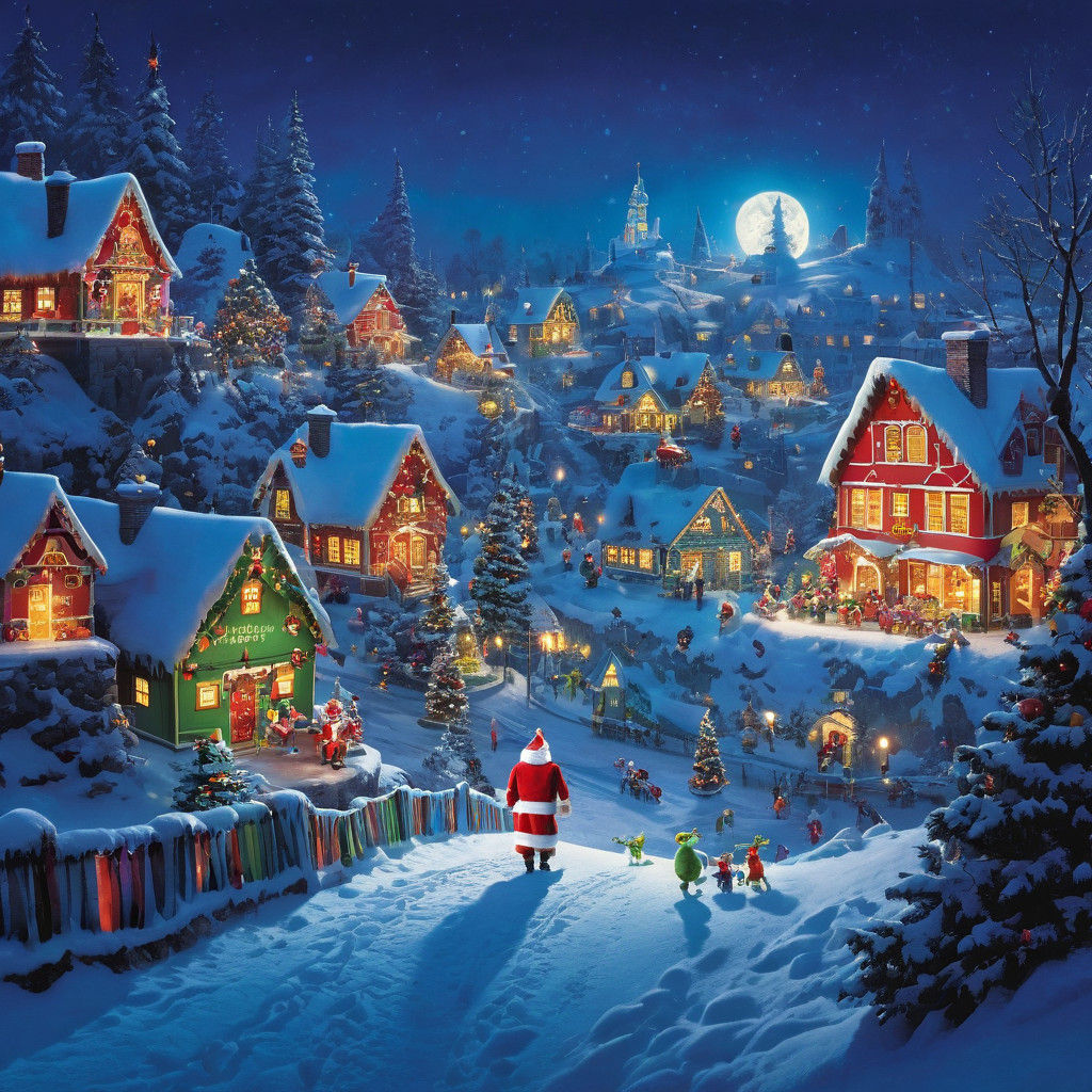 Whimsical Christmas Village Scene in Snowy Twilight