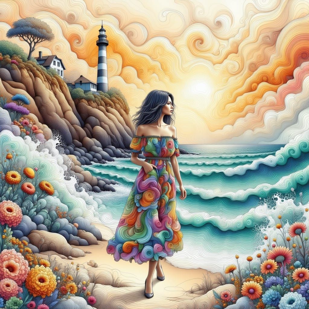 Woman on Beach in Swirling Outfit, Lighthouse Scene