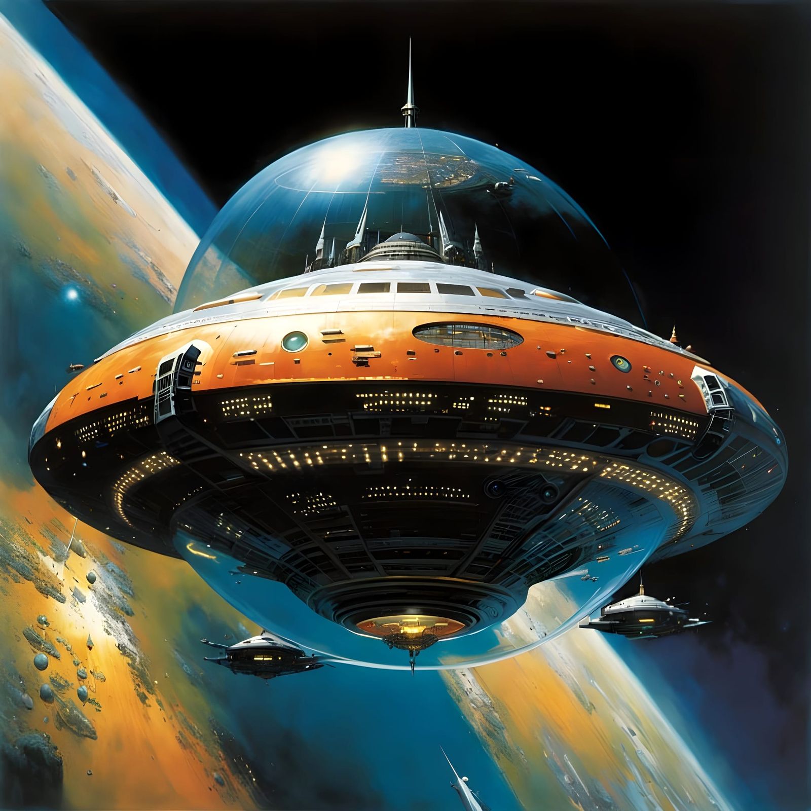 Gritty Solarpunk Spaceship in Orbit with Multiple Curving Do...