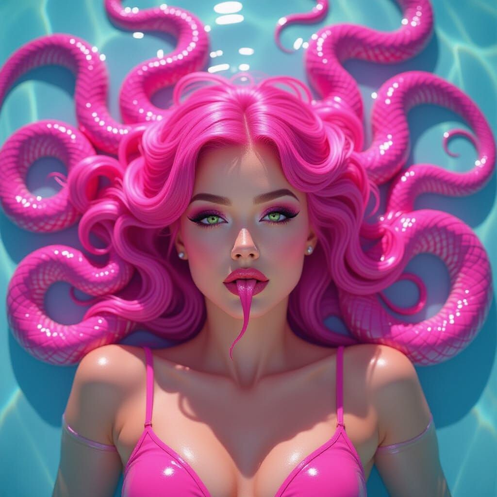 Surreal Pink Snake Woman in Iridescent Paint