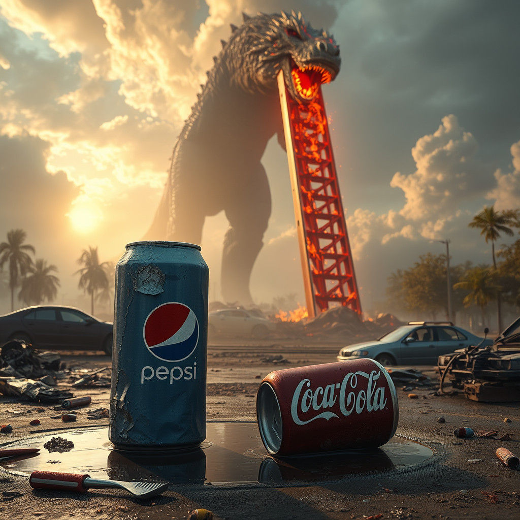 Apocalyptic Pepsi Confronts Monster in Ruined Landscape