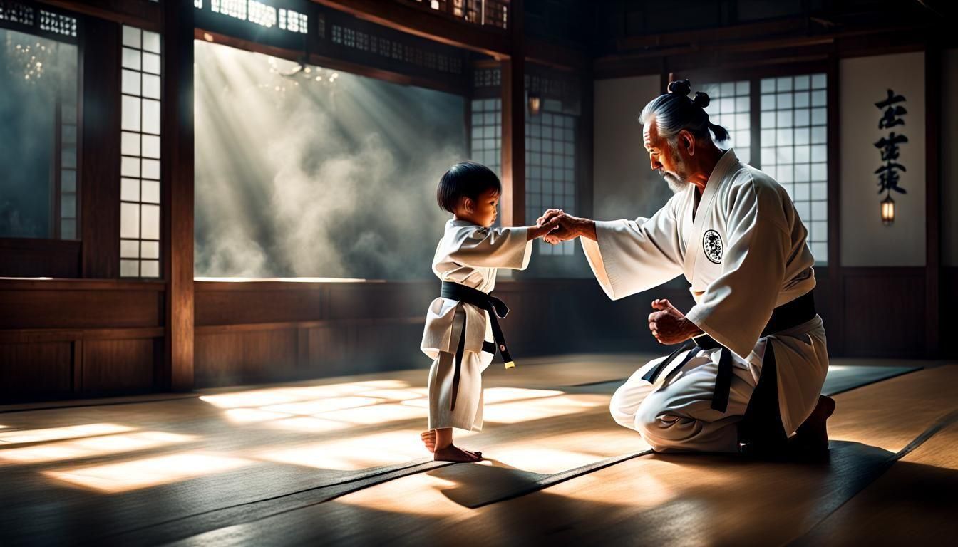 Karate Master Bows to Young Apprentice